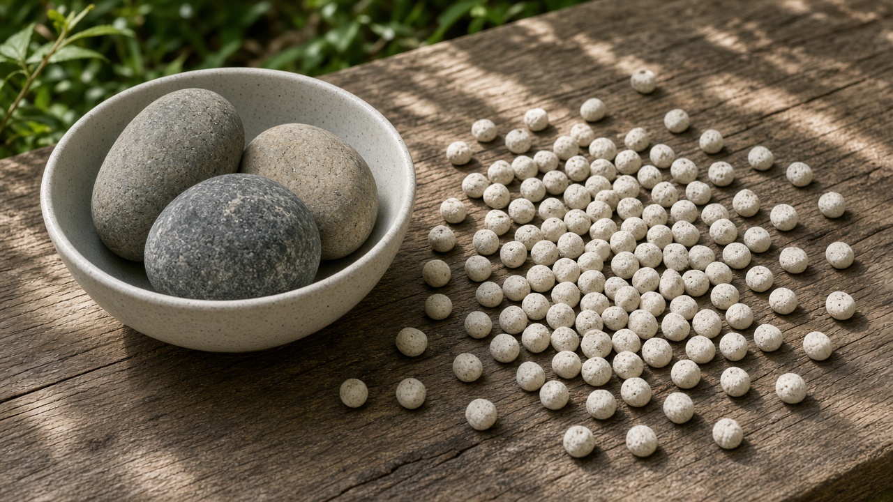 A bowl holds a few large stones while tiny pebbles scatter across the table.