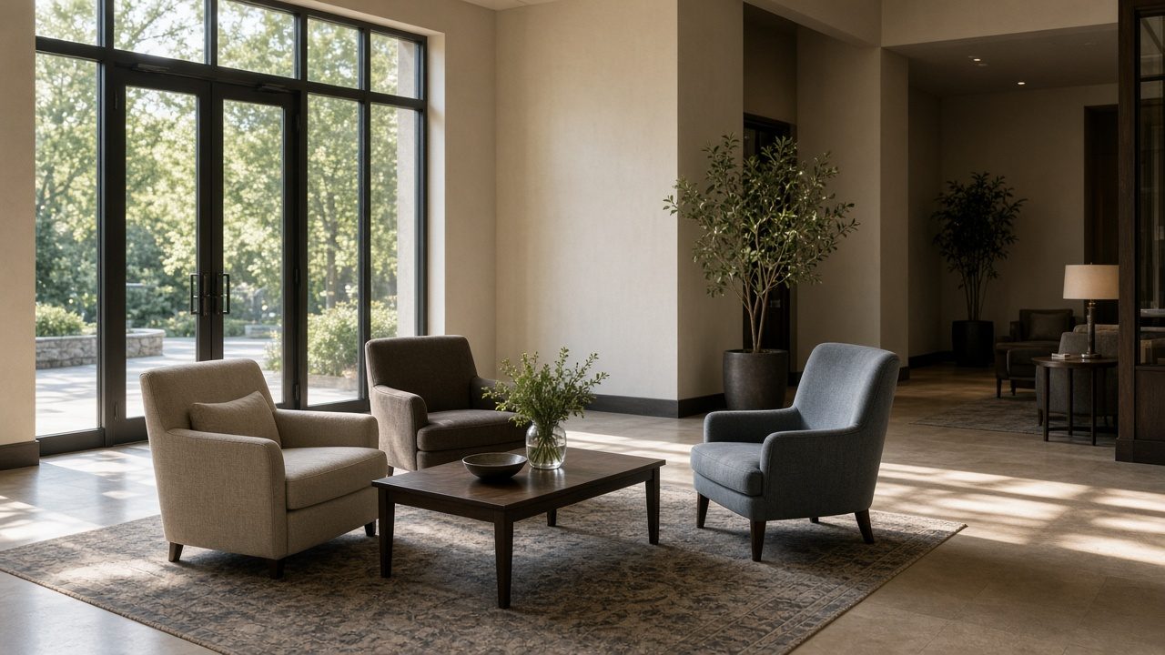 A few armchairs and a low table in a lobby with no directory board.