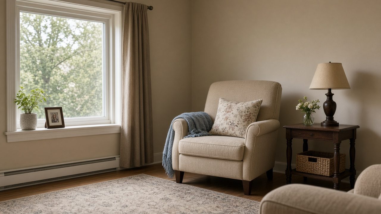A small apartment living area with a chair, a side table, and a window.