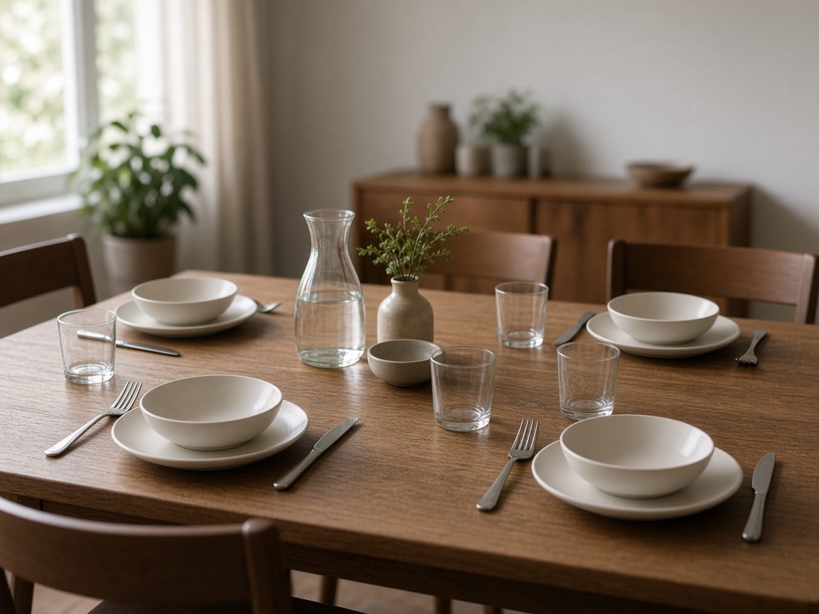 A dining table set with plain dishes and no menu card.