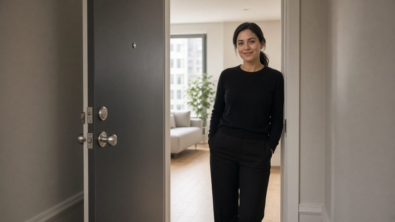A staff member waiting in an apartment doorway, hands empty.