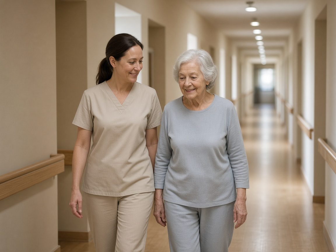 A staff member walking beside an older resident in a hallway with no room numbers.