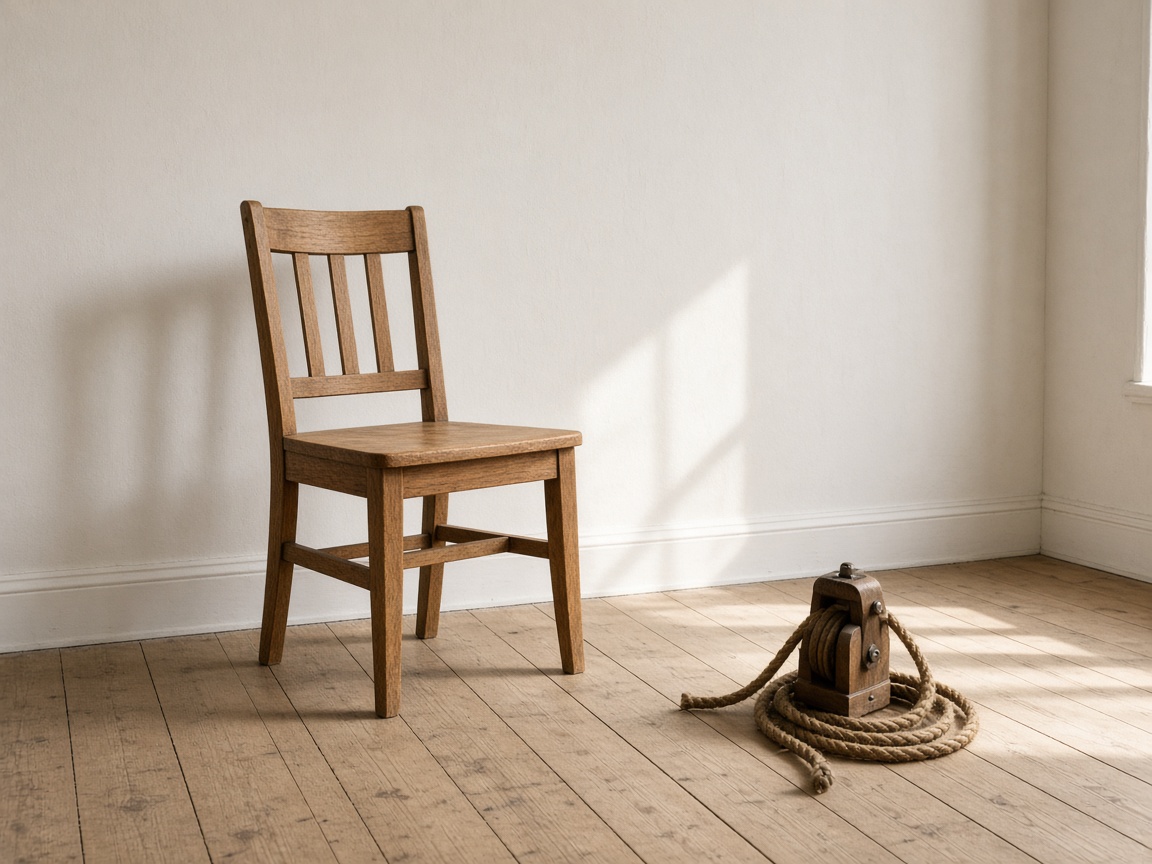 An empty chair stands in a bright room near a small pulley and rope.