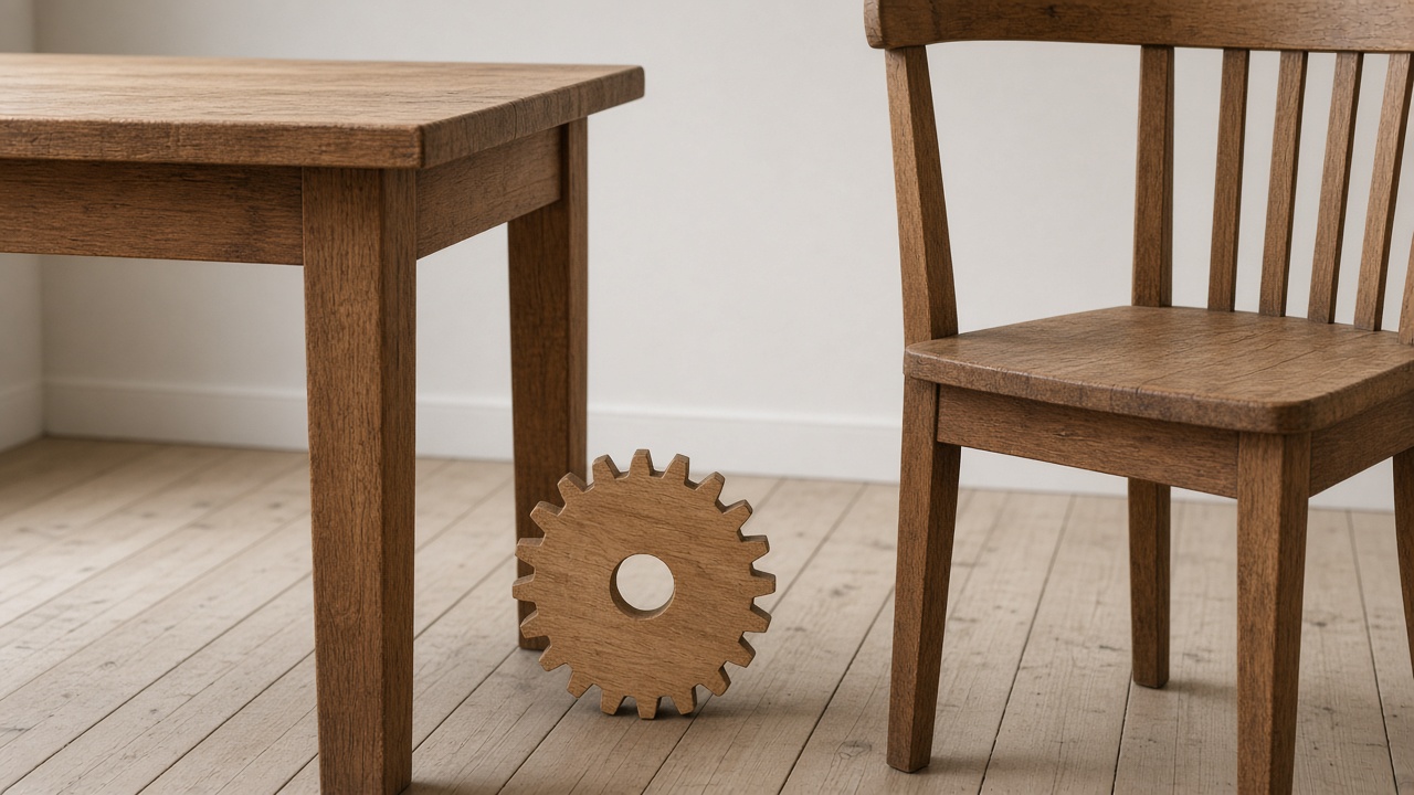 A wooden gear stands beside an empty chair at a plain table.