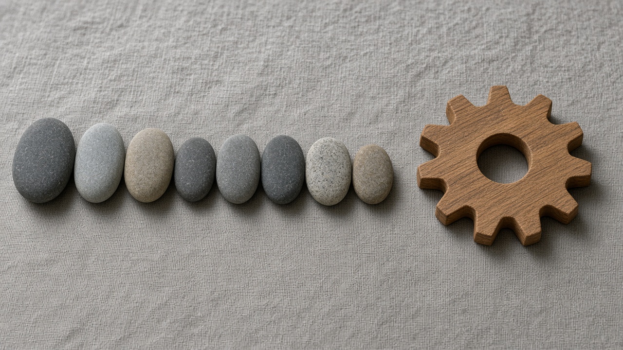 River stones sit in a line beside a single wooden gear.