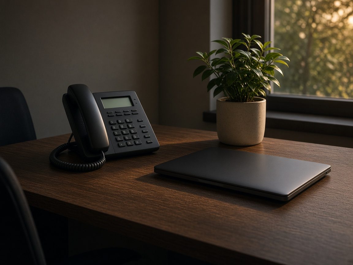 A phone and a closed laptop with a dark screen on a studio desk in evening light.