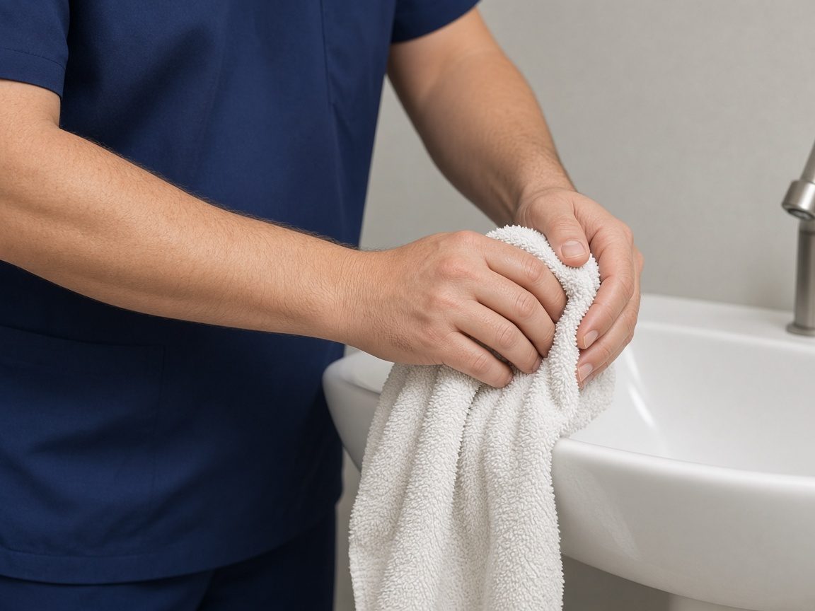 Hands drying on a plain towel at a clinic sink, with no bottles in view.