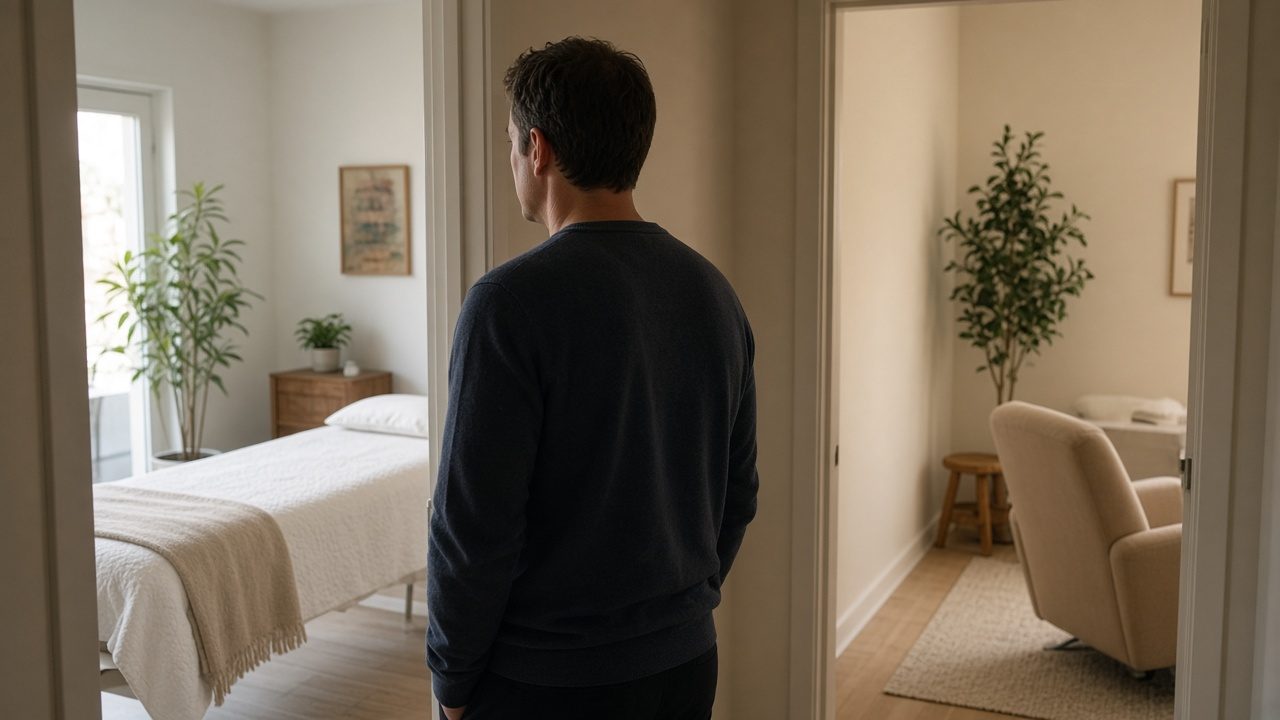 A person in plain clothes looking into two open treatment rooms from a short hallway.