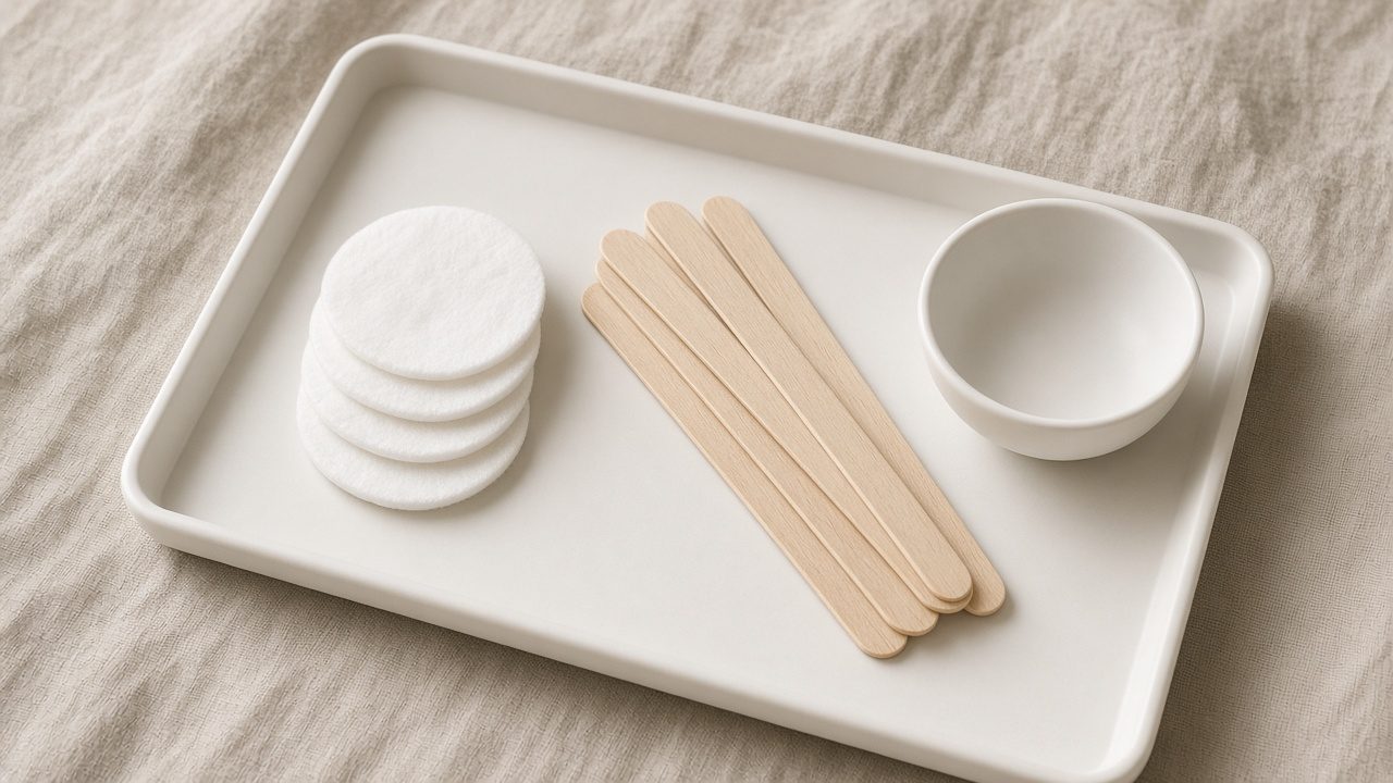 Cotton pads, wooden spatulas, and a plain bowl on a linen treatment tray.