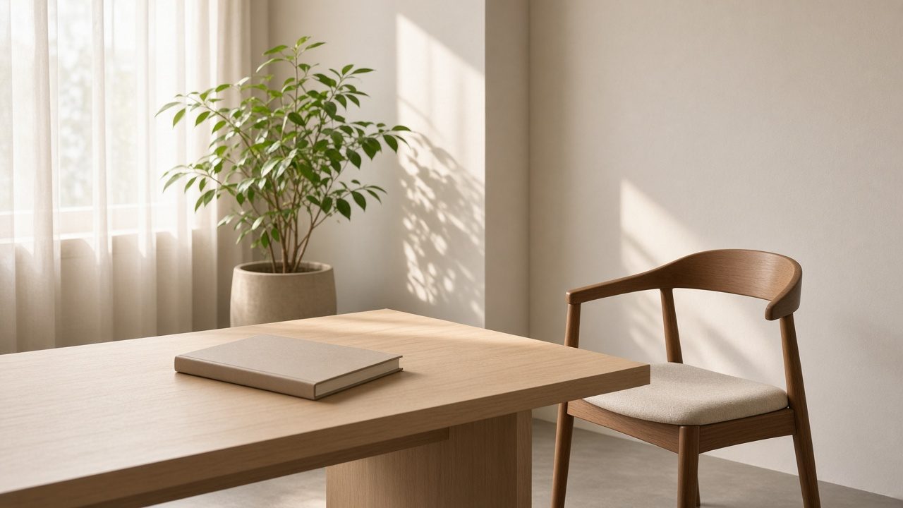 Morning light in a small aesthetics studio reception with a closed book and one empty chair.