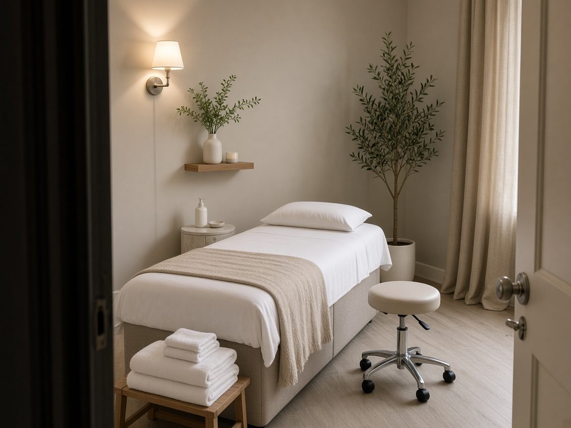 A made treatment bed and folded towels seen from the doorway of a small studio.