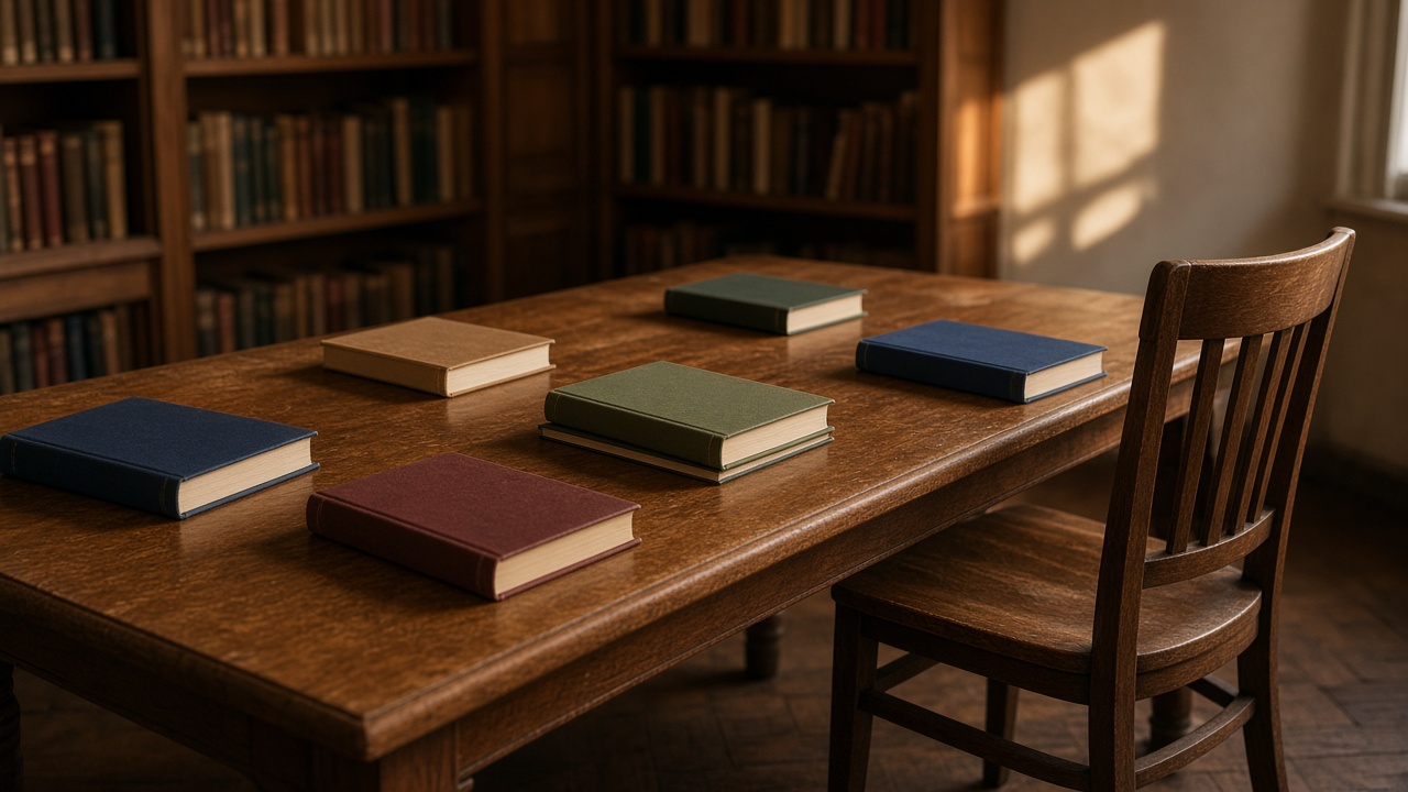 Cloth-bound books with blank spines and an empty chair at a library table.