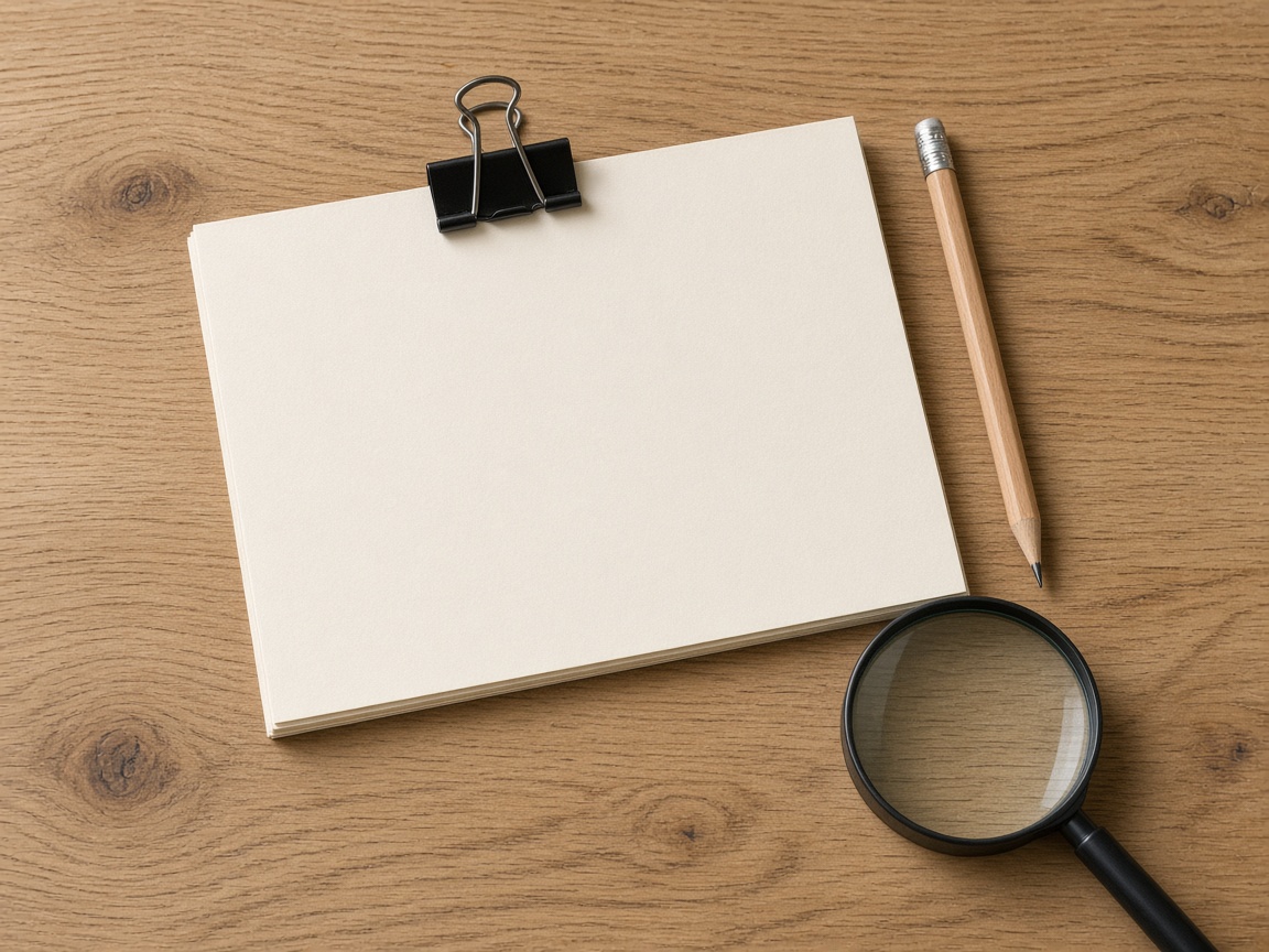 A clipped stack of blank paper, a pencil, and a magnifying glass.