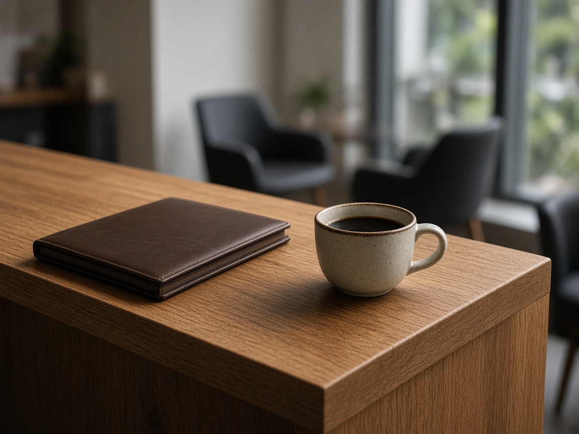 A closed brown leather notebook and a speckled coffee cup rest on an oak reception counter.