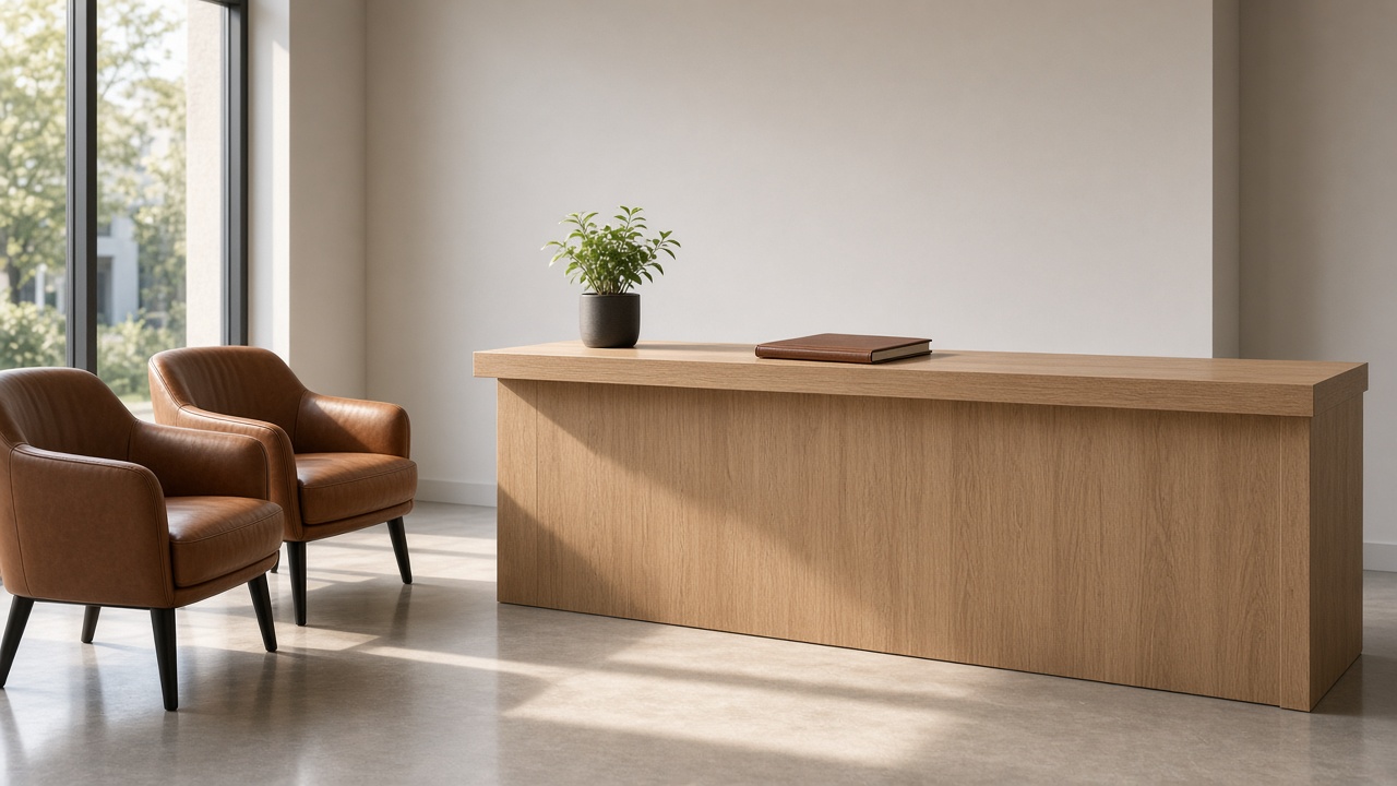 An oak reception desk with a closed notebook and a plant, and two leather chairs beside tall windows.