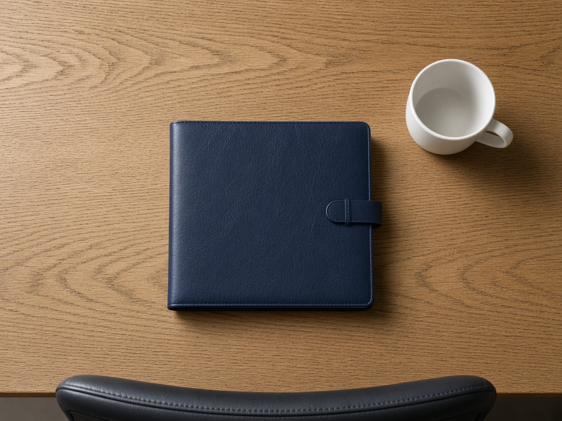 A closed navy leather notebook and a white mug are centered on a wood desk above a chair.