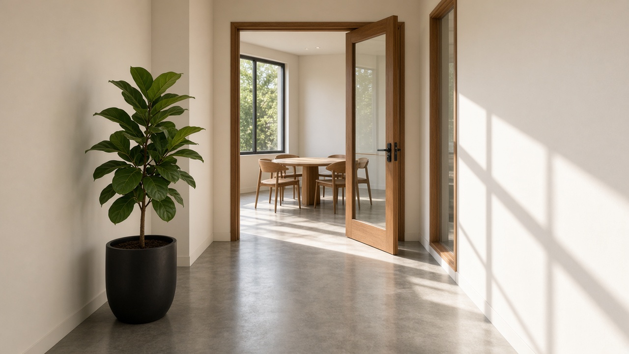 A fiddle-leaf plant stands in a bright office hallway that opens onto a round table and chairs.