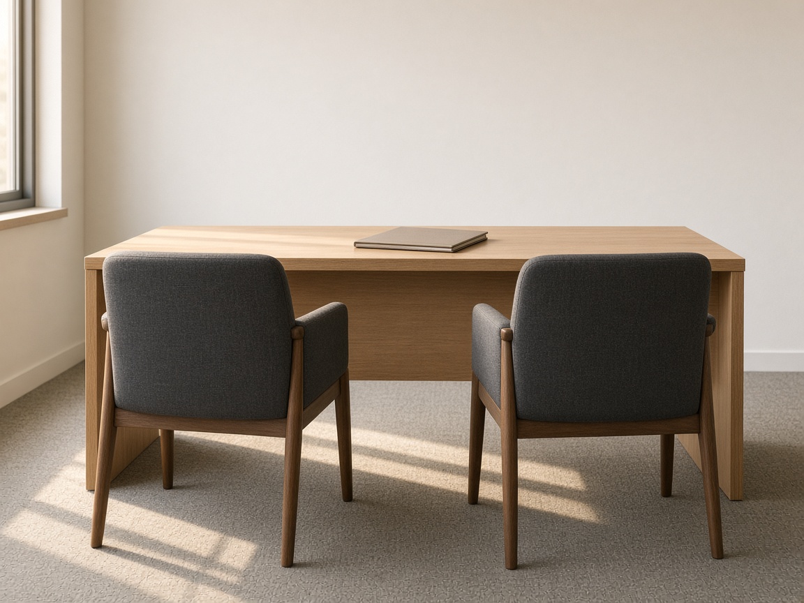 Two gray chairs face a light wood desk holding a closed unmarked folder in afternoon light.