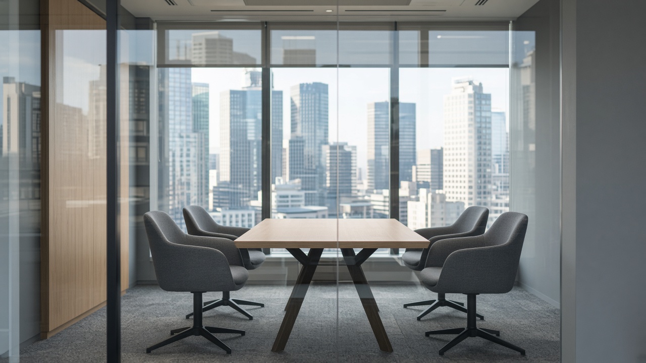A glass-walled meeting room holds a light wood table and four gray chairs with a skyline beyond.