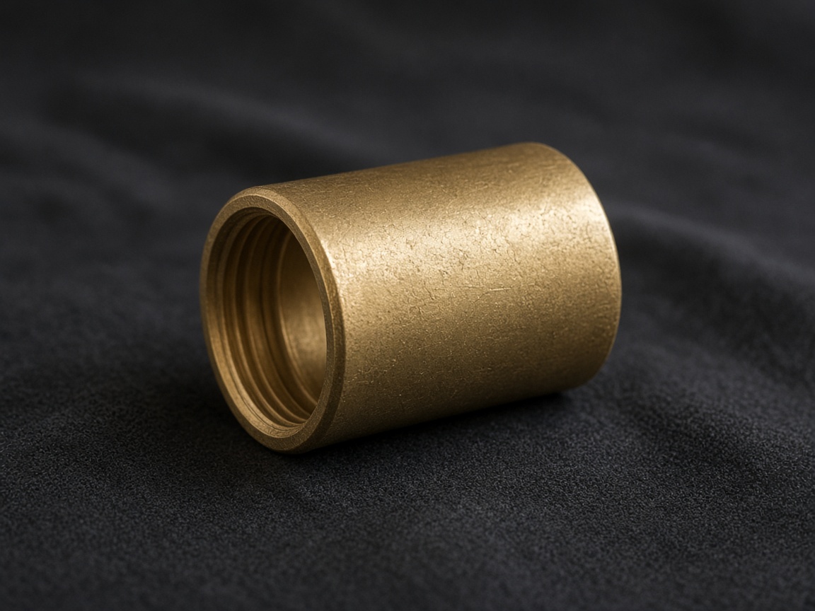 A plain brass pipe coupling with no stamp rests on a dark cloth.