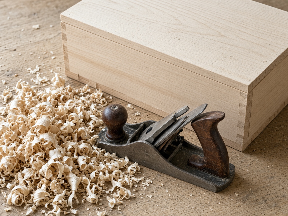 A woodworking plane and shavings sit beside a closed plain wooden crate.
