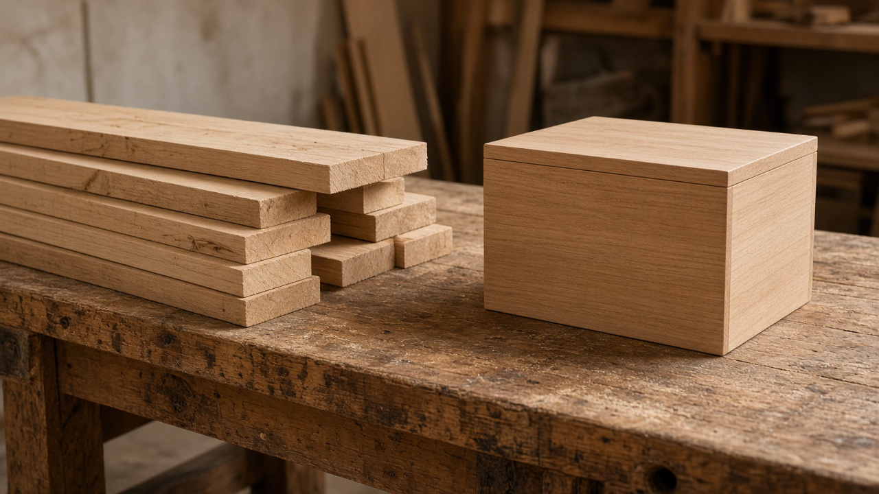 Unfinished lumber lies next to a plain finished wooden box on a workbench.