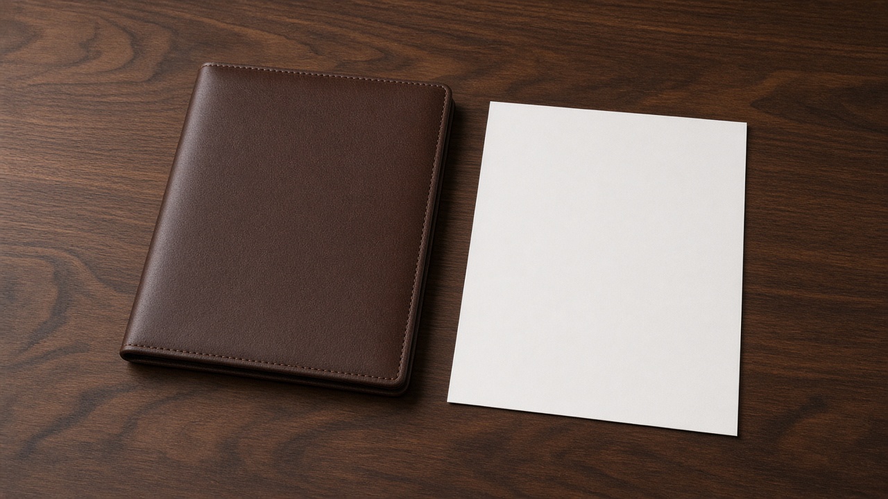 A closed leather folder lies beside one thin blank sheet on a walnut desk.