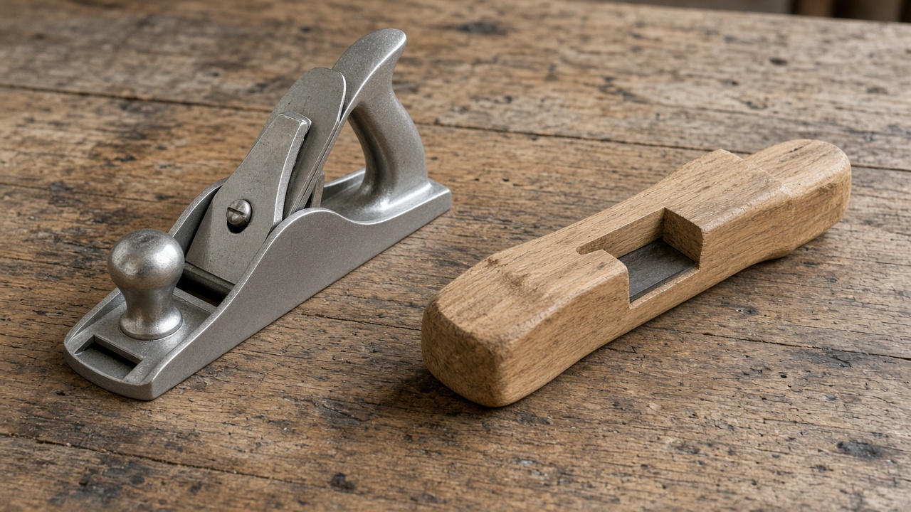 A plain metal hand tool lies beside a handmade wooden tool of a similar shape.