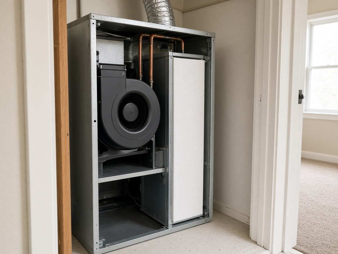 An open residential air handler in a closet shows a blower, copper refrigerant lines, and a white filter.