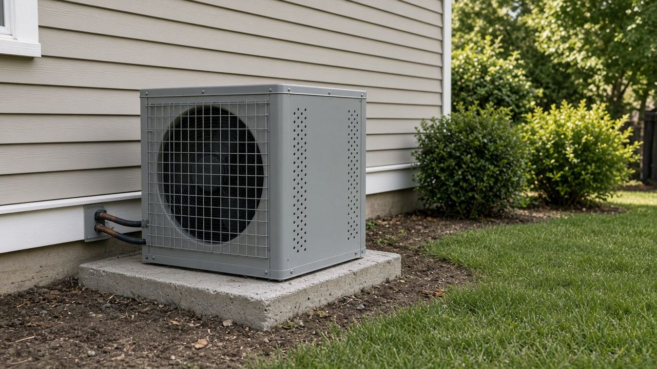 A gray outdoor air conditioner condenser rests on a concrete pad next to beige house siding.