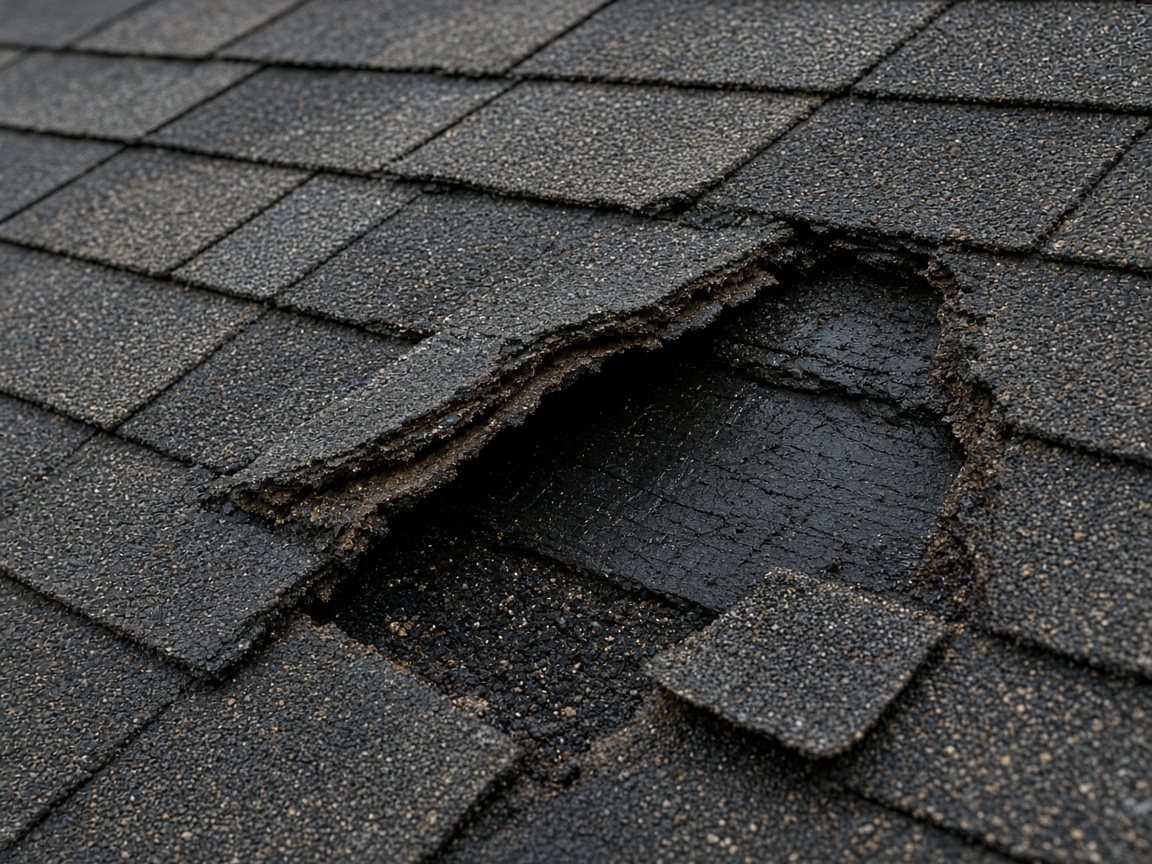 Torn asphalt shingles are peeled back, exposing dark underlayment on a residential roof.
