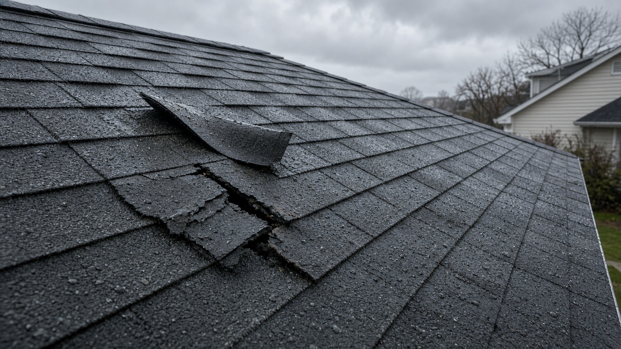 A wet asphalt roof shows lifted and torn shingles after a storm, with a house and bare trees behind it.