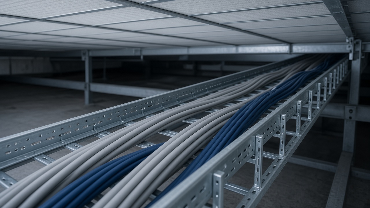 Neatly laid cables in a metal tray under a raised floor.