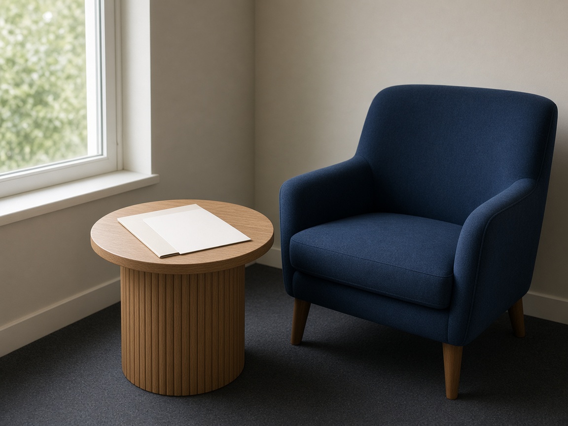 An empty navy armchair next to a round oak table with a closed plain folder and a blank sheet of paper.