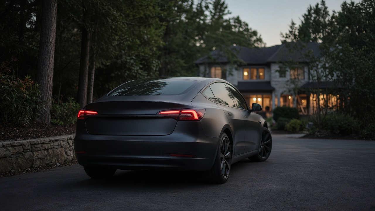Rear three-quarter view of a dark unmarked sedan parked in a tree-lined driveway at dusk, with no license plate.