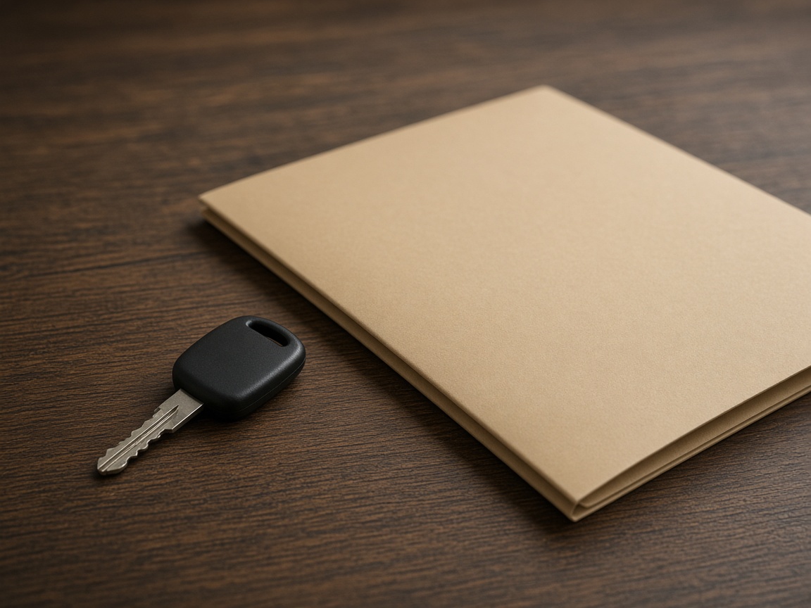 A black unmarked car key lies next to a closed tan folder on a dark wooden desk.