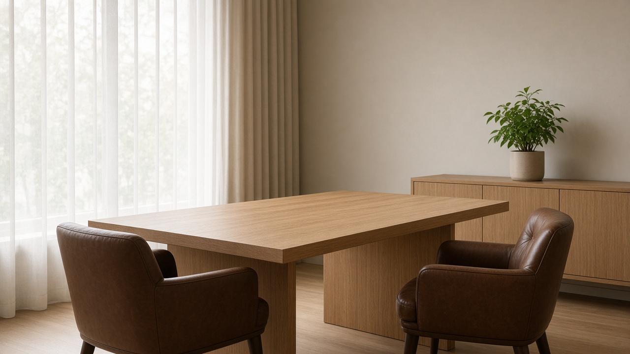 Two empty brown leather chairs sit at a long oak table beside sheer curtains and a plant on a wood cabinet.
