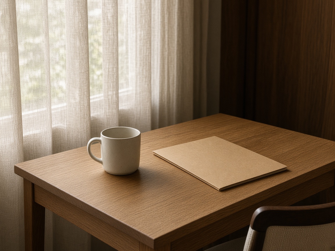 A speckled ceramic mug and a closed tan folder on an oak desk beside a window with sheer curtains.