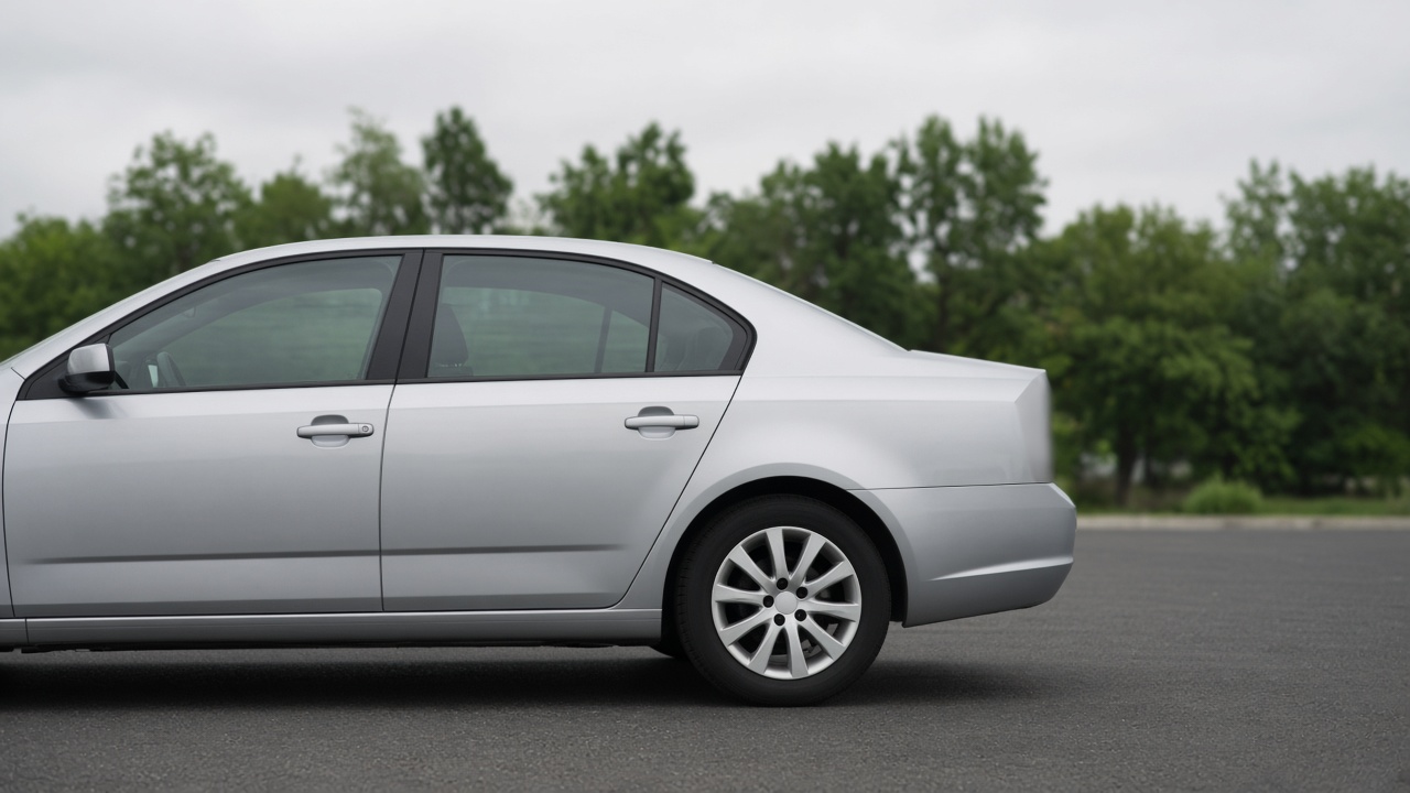 Side view of an unmarked silver four-door sedan on asphalt, with trees behind it and no license plate in frame.