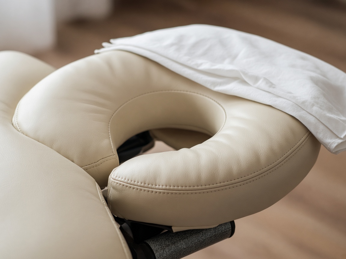 Close view of a cream vinyl chiropractic face cradle with a white sheet draped across it.
