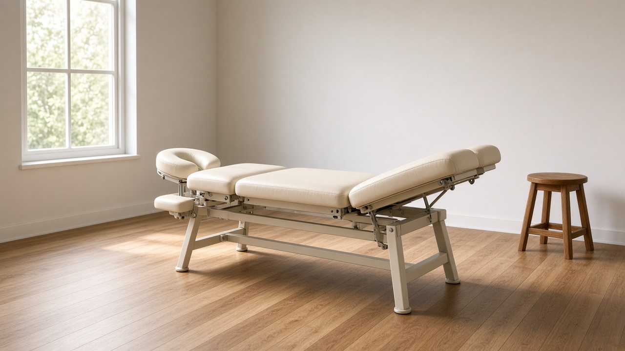 An empty cream chiropractic adjustment table with a face cradle stands on a wood floor near a window and a stool.