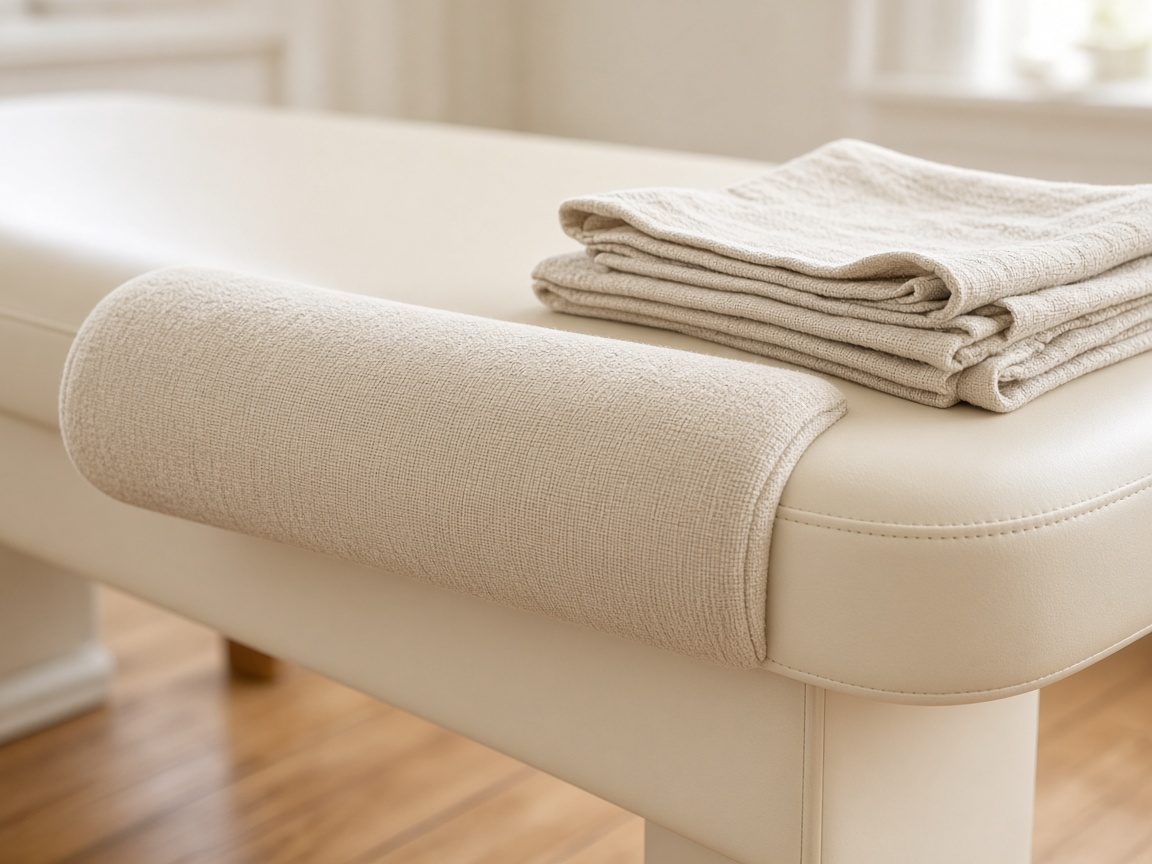 Close view of a beige bolster cushion and folded linen on a cream chiropractic table.