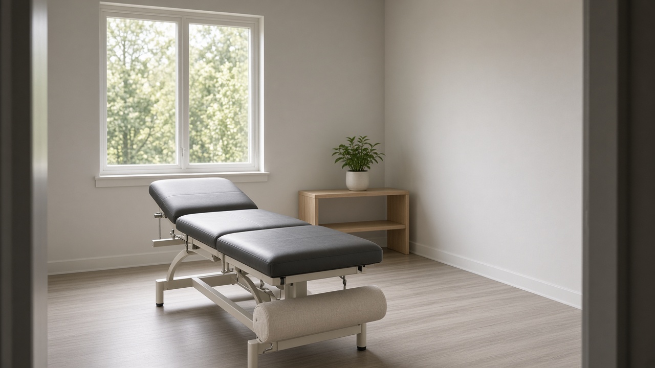 A dark-padded chiropractic table is seen from a doorway, with a plant on a shelf and trees outside the window.