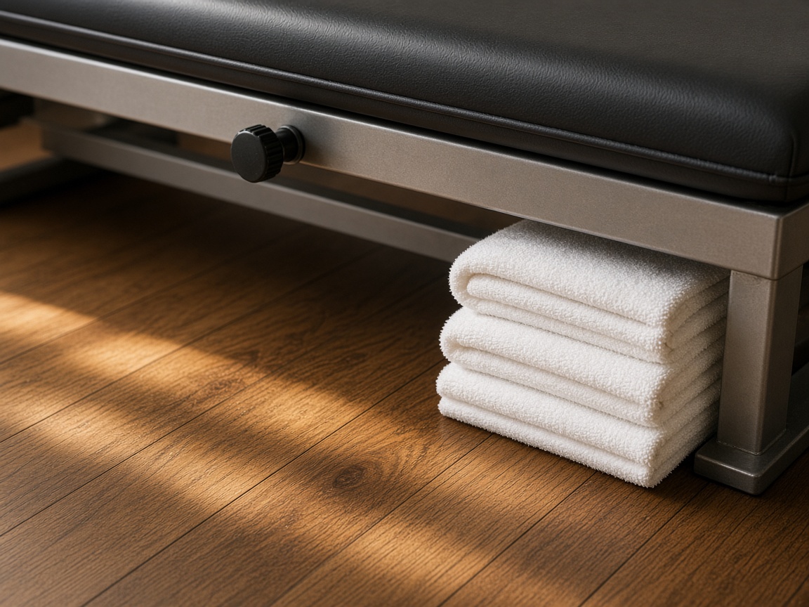 Folded white towels rest on a wood floor beneath the frame of a black treatment table.