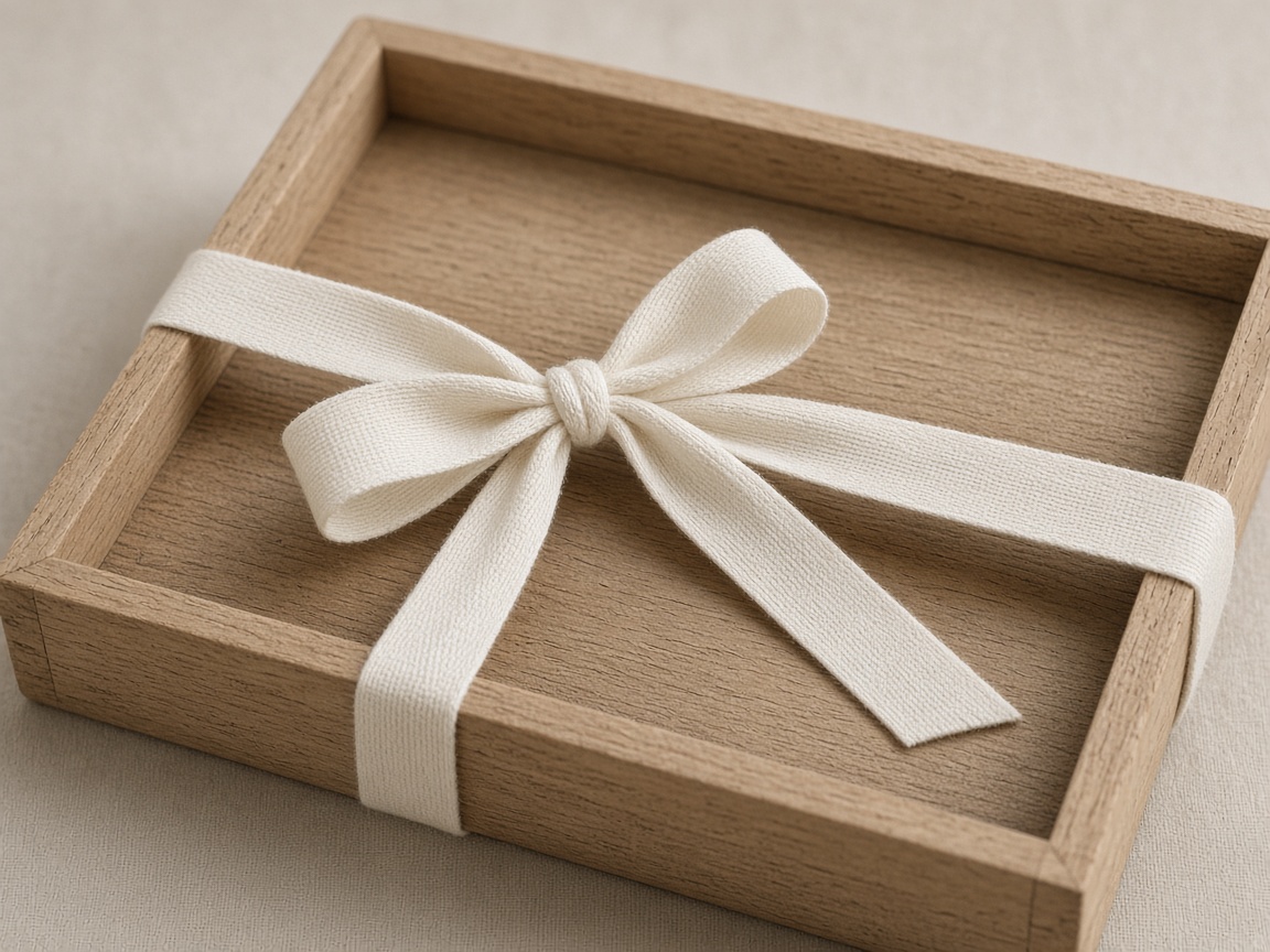A cotton ribbon is tied around a single plain wooden tray.