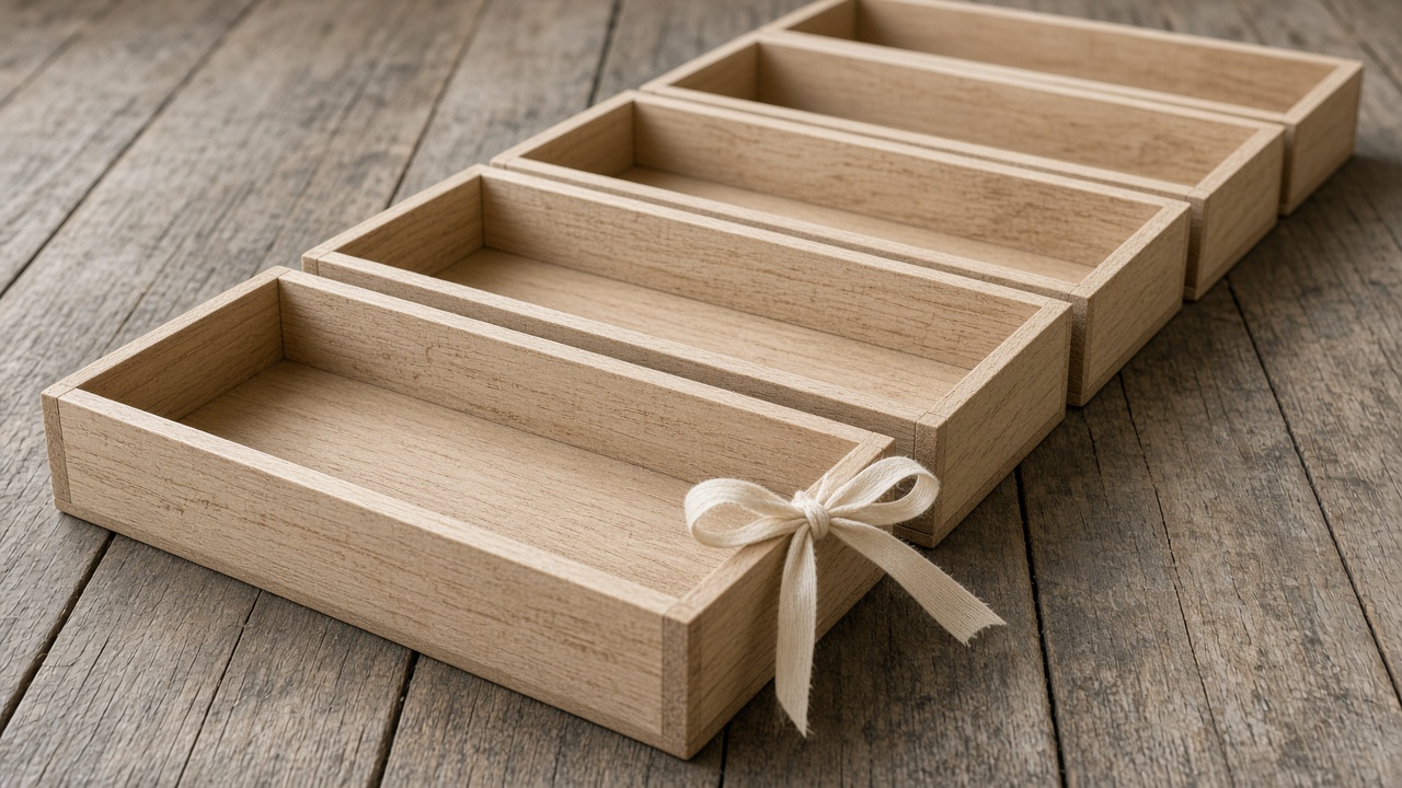 Five wooden trays stand in a row and only the nearest has a cotton ribbon.