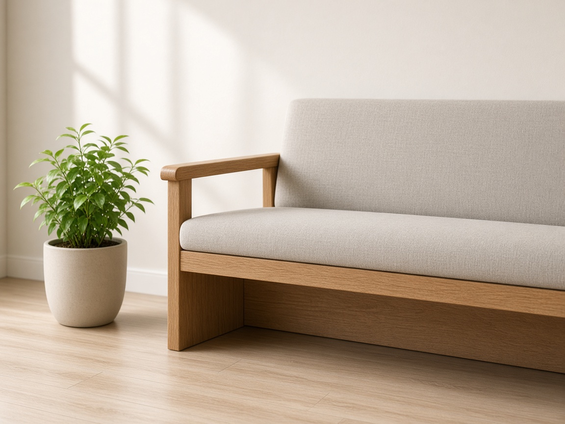 A light wood and fabric waiting bench stands beside a potted plant on a wood floor.