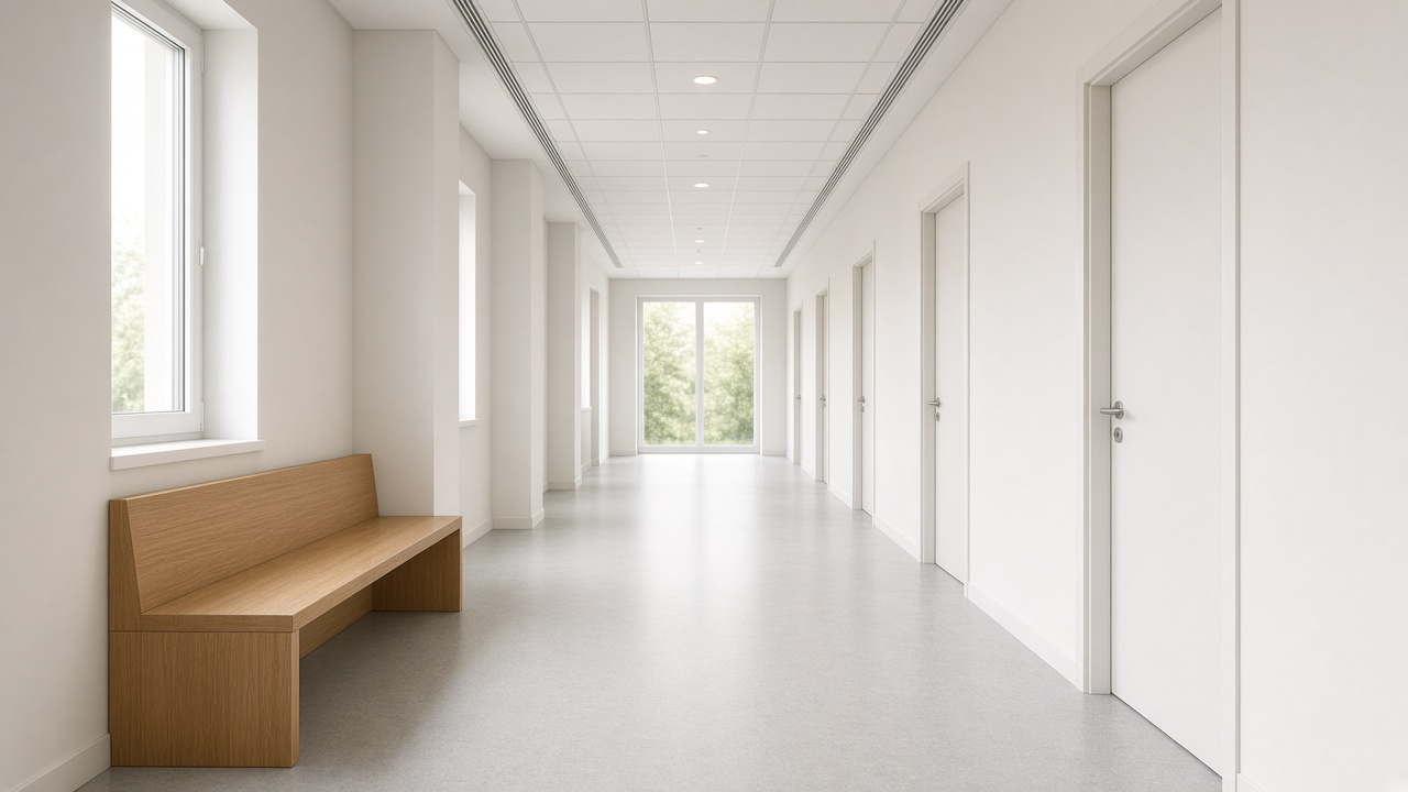 An empty medical clinic corridor with a wooden bench, pale walls, and closed doors without signs.