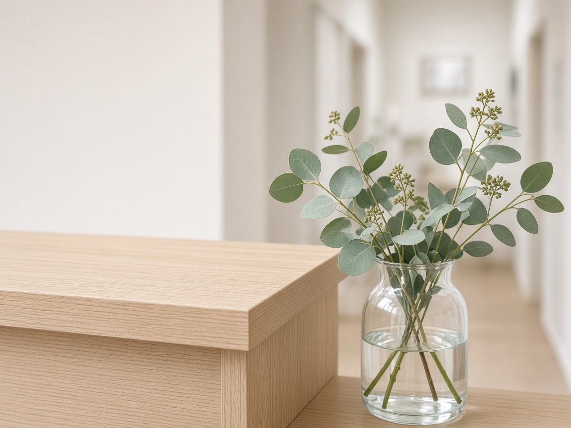A glass vase of eucalyptus sits on a light wood clinic counter with a hallway softly behind it.