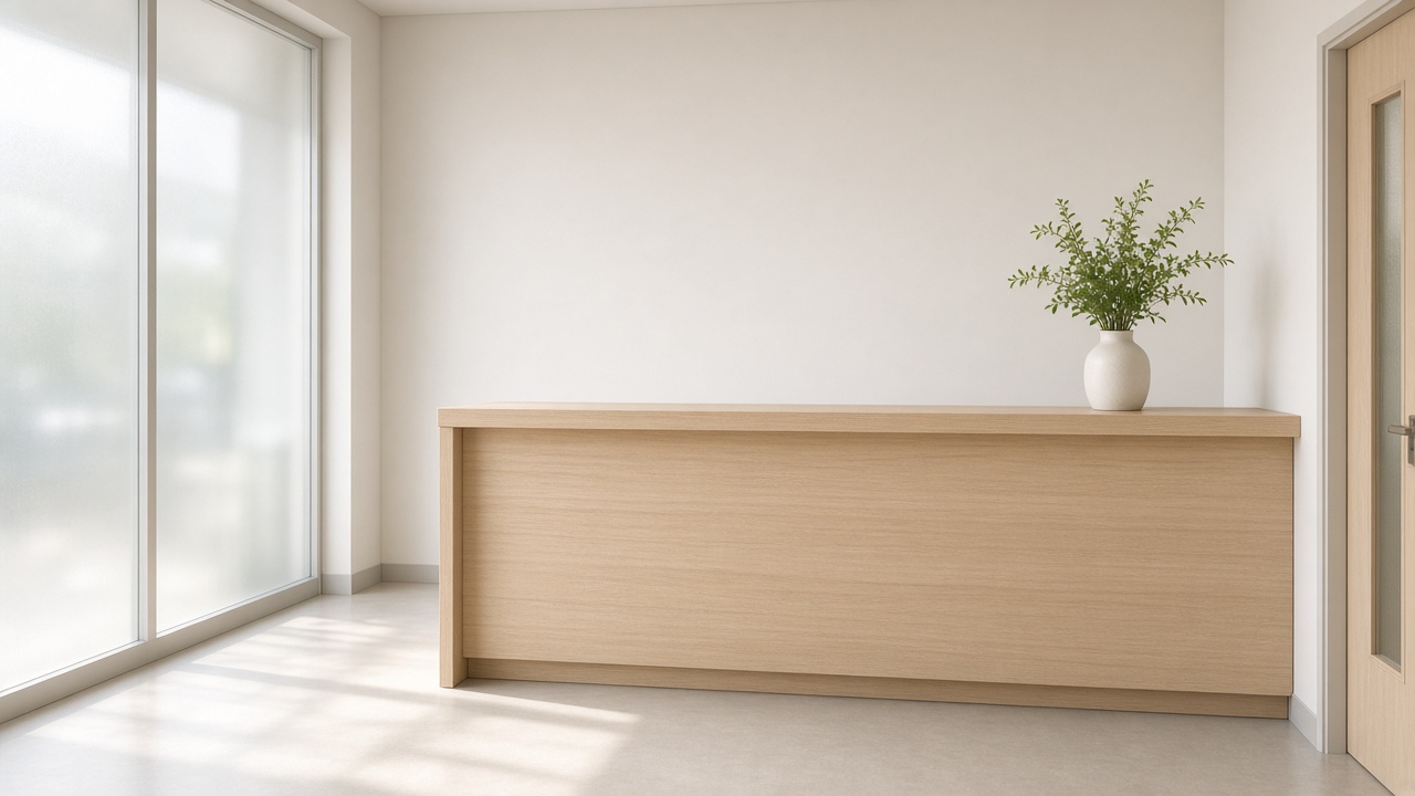 An empty clinic reception desk in pale wood, with a white vase of green stems and frosted windows.